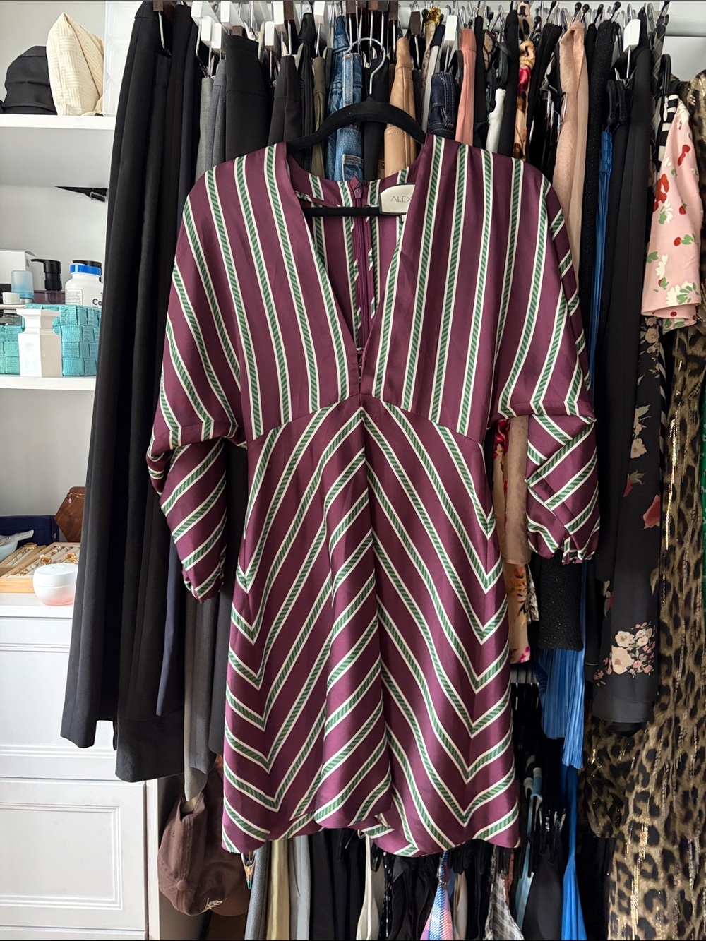 Alexis Burgundy Mini Dress with Green and White Stripes